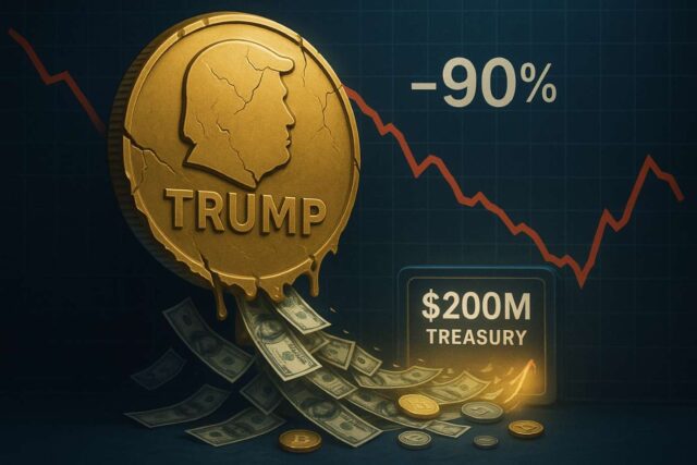 Illustration of a cracked gold coin labeled “TRUMP” tilting downward as dollar bills flow into a glowing digital vault marked “$200M Treasury,” symbolizing the Trump meme coin’s rescue plan after a 90% price drop.