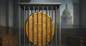 Illustration of a giant Bitcoin locked behind steel bars in a London courtroom, symbolizing the $7B UK Bitcoin seizure under court control.