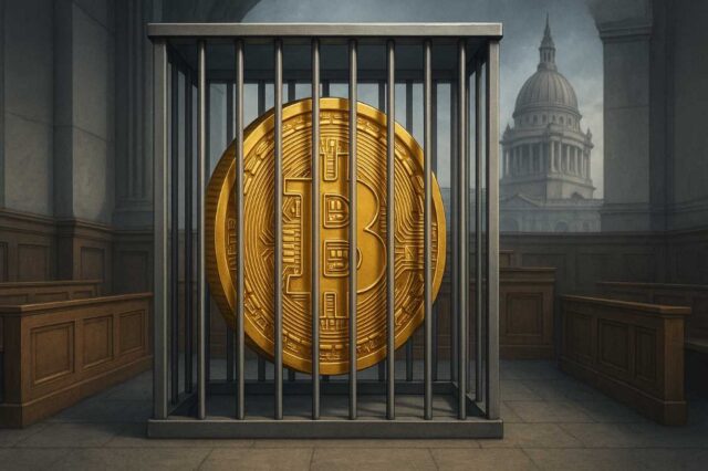 Illustration of a giant Bitcoin locked behind steel bars in a London courtroom, symbolizing the $7B UK Bitcoin seizure under court control.