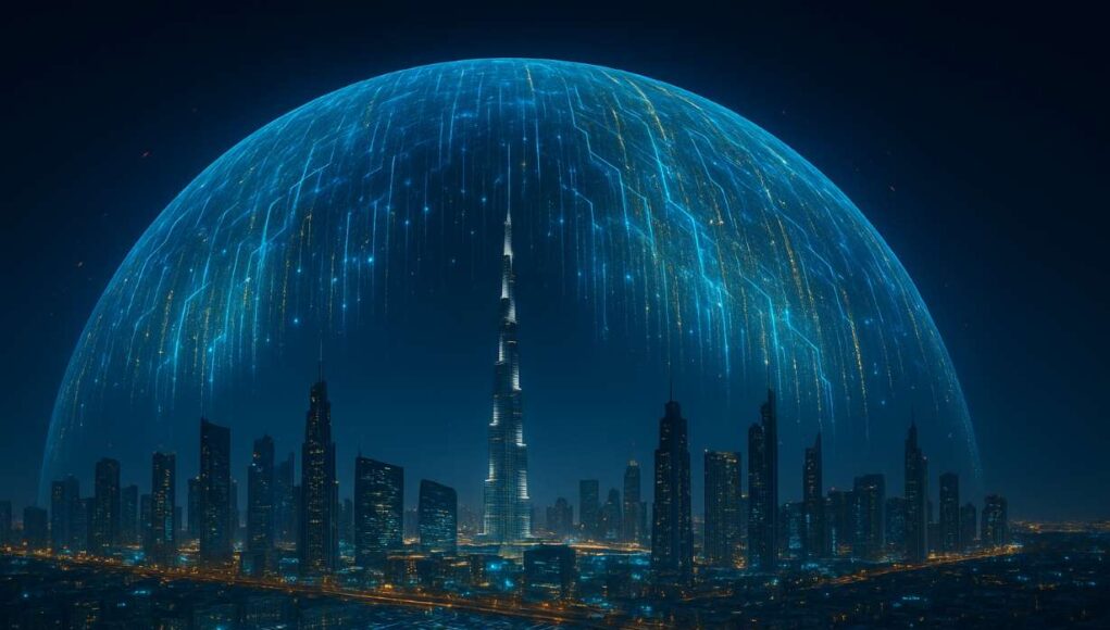 VARA-fines-crypto-firms Nighttime digital illustration of Dubai skyline under a glowing holographic firewall dome, symbolizing VARA’s regulation protecting the city’s crypto innovation.