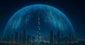 Nighttime digital illustration of Dubai skyline under a glowing holographic firewall dome, symbolizing VARA’s regulation protecting the city’s crypto innovation.