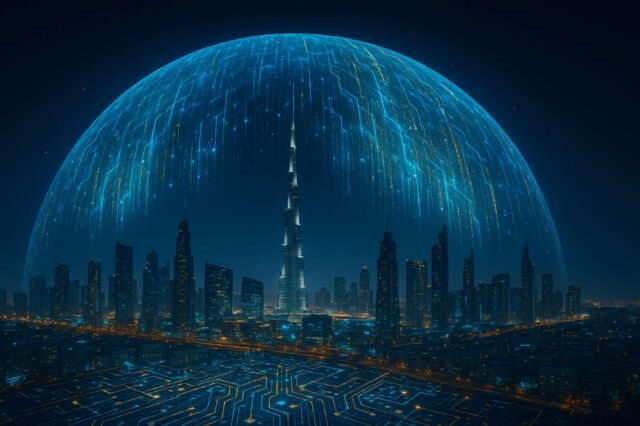 Nighttime digital illustration of Dubai skyline under a glowing holographic firewall dome, symbolizing VARA’s regulation protecting the city’s crypto innovation.