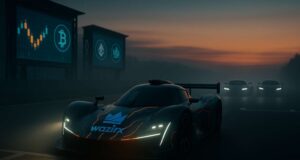 WazirX Returns With 0 Fees as India’s Crypto Competition Heats Up Cinematic 3:2 editorial illustration showing the WazirX relaunch as a race car starting its engine at dawn, symbolizing the exchange’s comeback with zero trading fees and renewed momentum in India’s crypto market.