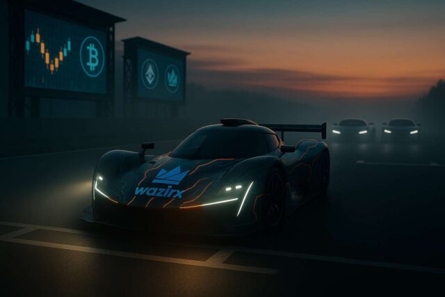 Cinematic 3:2 editorial illustration showing the WazirX relaunch as a race car starting its engine at dawn, symbolizing the exchange’s comeback with zero trading fees and renewed momentum in India’s crypto market.