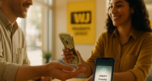 Editorial photo of a person receiving cash from a Western Union agent while a smartphone displays a USDPT stablecoin transfer, bridging digital money and real-world payments.