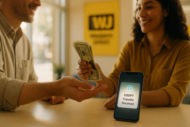 Editorial photo of a person receiving cash from a Western Union agent while a smartphone displays a USDPT stablecoin transfer, bridging digital money and real-world payments.