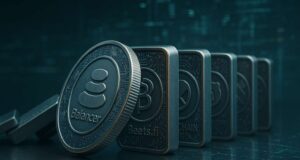 Metallic crypto dominos engraved with Balancer, Beets.fi, and Berachain logos toppling in a chain reaction, symbolizing the $128M Balancer hack 2025 and cascading DeFi exploit across shared smart-contract code.