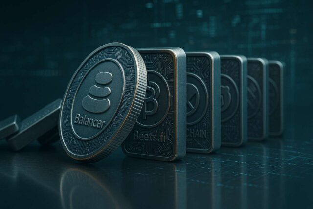 Metallic crypto dominos engraved with Balancer, Beets.fi, and Berachain logos toppling in a chain reaction, symbolizing the $128M Balancer hack 2025 and cascading DeFi exploit across shared smart-contract code.