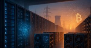 Editorial illustration of a CleanSpark data center merging Bitcoin mining and AI servers after $1.15 billion convertible notes raise.