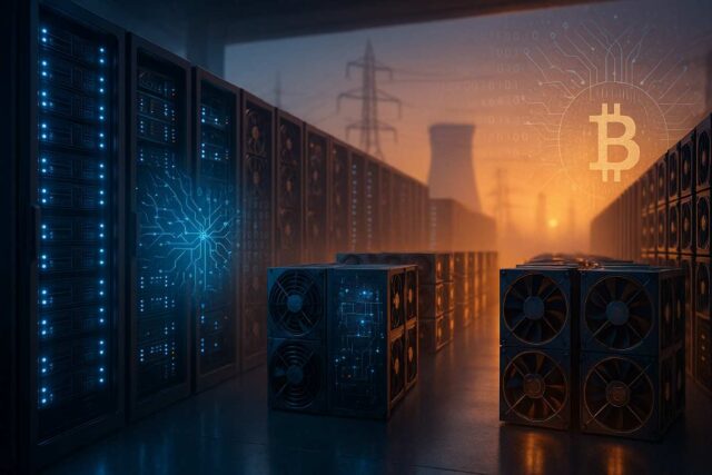 Editorial illustration of a CleanSpark data center merging Bitcoin mining and AI servers after $1.15 billion convertible notes raise.