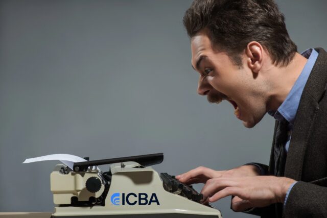Legal clerk typing a letter on an old fashioned typewriter with ICBA logo, screaming as he drafts his letter to the OCC.