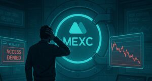 A crypto trader stands before a locked digital vault glowing with the MEXC logo, symbolizing blocked account access and user frustration amid solvency rumors and transparency concerns.