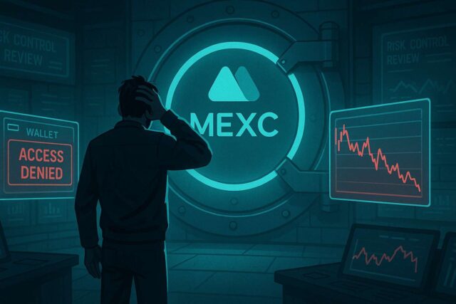 A crypto trader stands before a locked digital vault glowing with the MEXC logo, symbolizing blocked account access and user frustration amid solvency rumors and transparency concerns.