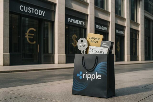 Ripple’s $4B Palisade acquisition visualized as a shopping spree. Ripple bag filled with symbols of custody, payments, and trading deals.