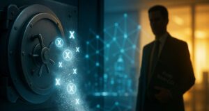 Stream Finance $93M loss visual. Open digital vault with dissolving crypto symbols and blurred office in background, symbolizing off-chain risk in DeFi.