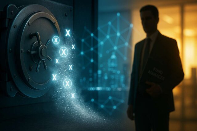 Stream Finance $93M loss visual. Open digital vault with dissolving crypto symbols and blurred office in background, symbolizing off-chain risk in DeFi.