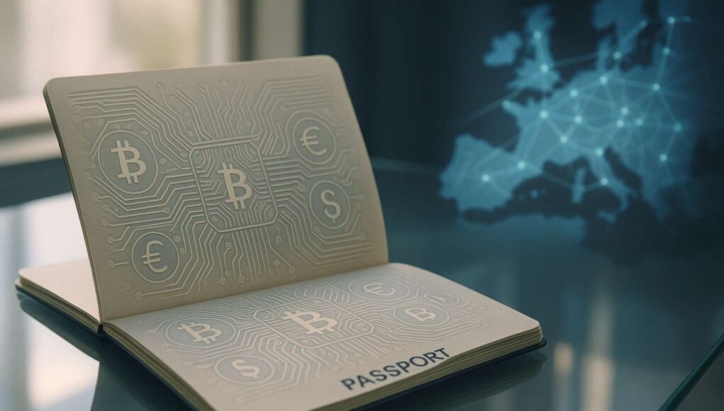 Photo-realistic image of an open EU passport with digital circuit patterns and crypto symbols, reflecting Mastercard and MiCA’s EU-wide passporting framework.