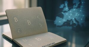 Photo-realistic image of an open EU passport with digital circuit patterns and crypto symbols, reflecting Mastercard and MiCA’s EU-wide passporting framework.