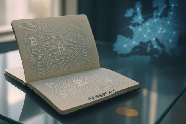 Photo-realistic image of an open EU passport with digital circuit patterns and crypto symbols, reflecting Mastercard and MiCA’s EU-wide passporting framework.