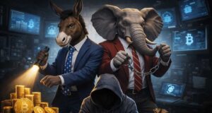 Democrats and Republicans rarely agree, but crypto crime has become a rare point of bipartisan alignment. In this illustration, the donkey and the elephant stand side by side, signaling a joint political effort to crack down on scams, fraud, and illicit activity in digital asset markets.