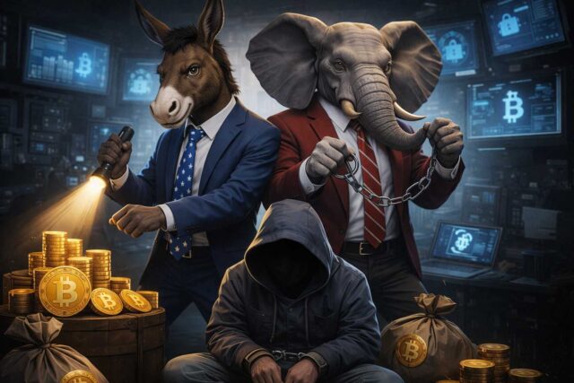 Democrats and Republicans rarely agree, but crypto crime has become a rare point of bipartisan alignment. In this illustration, the donkey and the elephant stand side by side, signaling a joint political effort to crack down on scams, fraud, and illicit activity in digital asset markets.