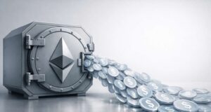 Illustration showing staked Ethereum held securely in a vault while digital USDC flows outward, representing Coinbase USDC loans that allow users to borrow against cbETH without selling ETH.