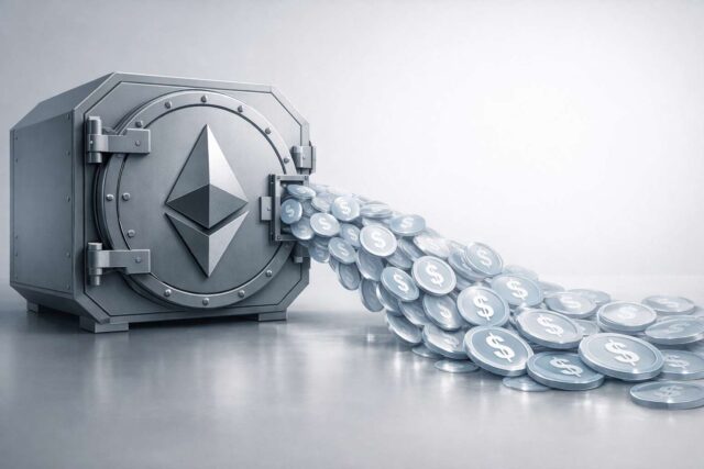 Illustration showing staked Ethereum held securely in a vault while digital USDC flows outward, representing Coinbase USDC loans that allow users to borrow against cbETH without selling ETH.