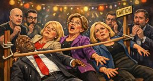 Satirical illustration of US lawmakers dancing limbo as crypto CEOs watch nervously, symbolizing stalled negotiations over crypto market structure legislation.