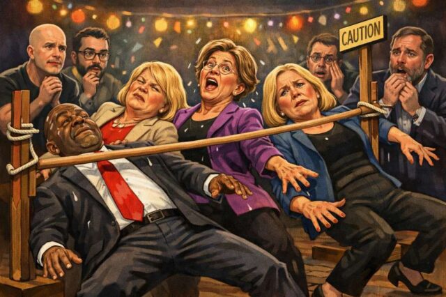 Satirical illustration of US lawmakers dancing limbo as crypto CEOs watch nervously, symbolizing stalled negotiations over crypto market structure legislation.
