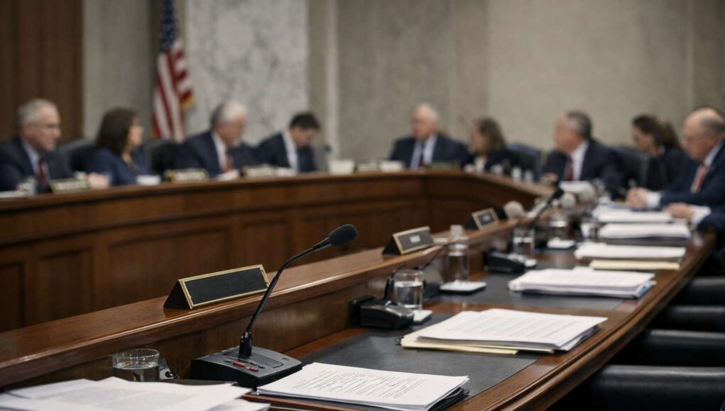 Editorial illustration, Senate committee room during the Senate crypto market structure vote on digital asset regulation