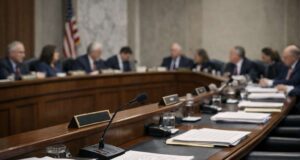 Editorial illustration, Senate committee room during the Senate crypto market structure vote on digital asset regulation
