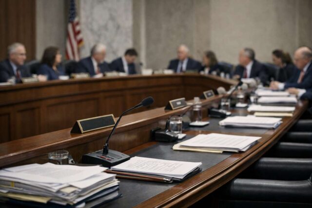Senate crypto market structure vote advances bill, exposes fault lines ahead of Banking talks Editorial illustration, Senate committee room during the Senate crypto market structure vote on digital asset regulation