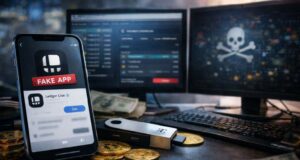 A modern smartphone displaying a generic app interface, ready to download a fake Ledger wallet app, placed on a desk next to a hardware crypto wallet device and several physical Bitcoin coins. A dimly lit workstation with dual monitors showing blurred crypto transaction dashboards and abstract security visuals. Faintly visible cash on the desk.