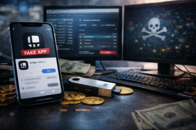 Fake ledger app A modern smartphone displaying a generic app interface, ready to download a fake Ledger wallet app, placed on a desk next to a hardware crypto wallet device and several physical Bitcoin coins. A dimly lit workstation with dual monitors showing blurred crypto transaction dashboards and abstract security visuals. Faintly visible cash on the desk.