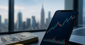 Smartphone displaying a stock market chart beside U.S. dollar bills, a Bitcoin coin, and a stablecoin token on a desk with a city skyline in the background.