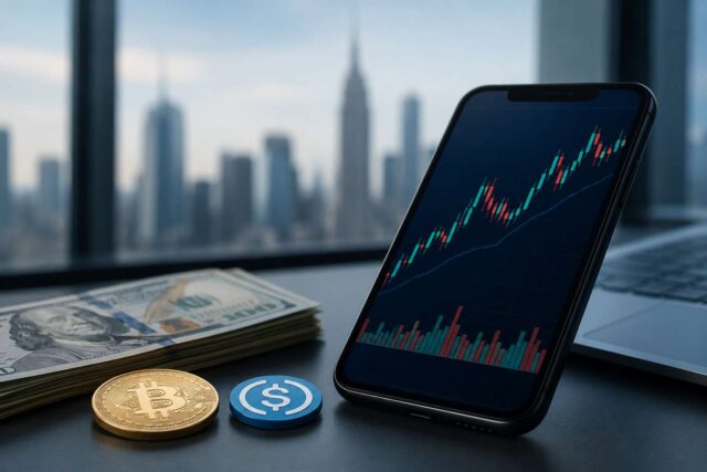Smartphone displaying a stock market chart beside U.S. dollar bills, a Bitcoin coin, and a stablecoin token on a desk with a city skyline in the background.