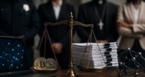 A balance scale holding cryptocurrency coins on one side and legal documents on the other, symbolizing the debate over crypto regulation, anti-money laundering safeguards, and the CLARITY Act.