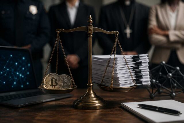 A balance scale holding cryptocurrency coins on one side and legal documents on the other, symbolizing the debate over crypto regulation, anti-money laundering safeguards, and the CLARITY Act.