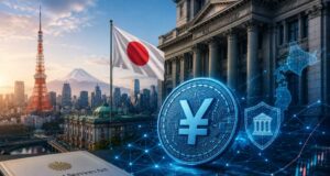Illustration of a digital yen coin with Tokyo landmarks, Japanese financial buildings, blockchain graphics, and the national flag representing Japan's expanding regulated stablecoin ecosystem.