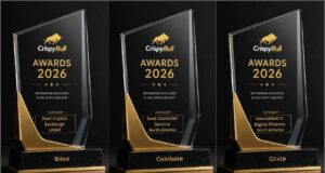 CrispyBull Awards 2026 recognizing Bitso, Coinbase and Circle as regional winners for crypto exchange, customer service and digital finance innovation.